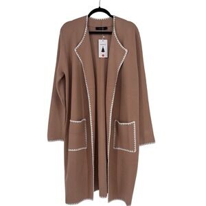 New Zesica Women's Open Front Cardigan Tan Large Stitching Accents Boho Unique